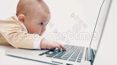 严肃的婴儿在笔记本电脑上工作